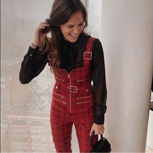 WeWoreWhat Moto overalls in red plaid